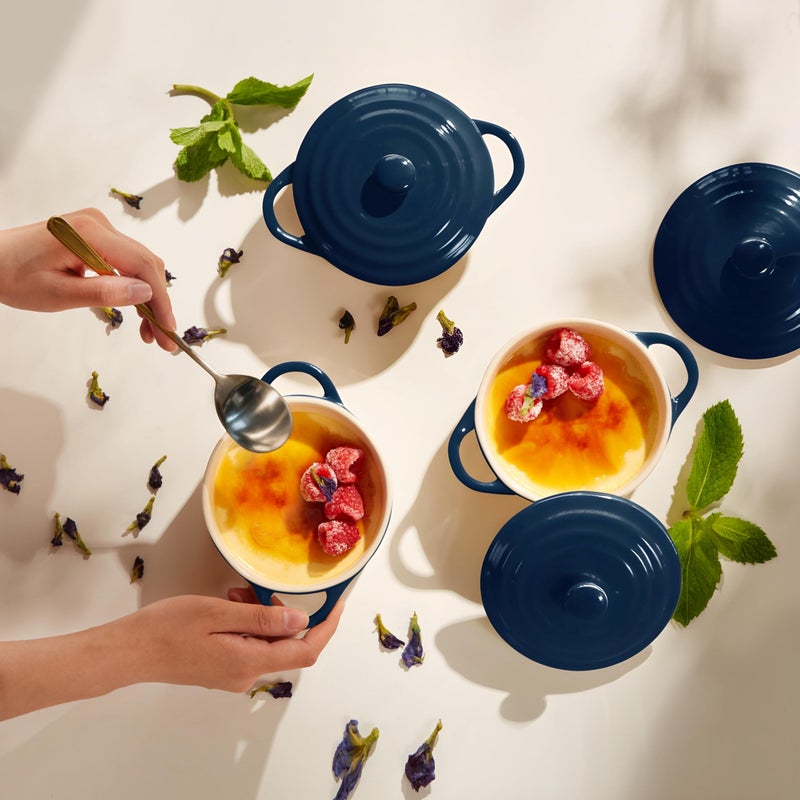 Kook Ceramic Mini Cocotte Set  Small Casserole Dishes with Lids and Handles  Individual Baking Ramekins  Oven  Microwave & Dishwasher Safe  Stoneware  12 oz  Set of 4 (Navy) - Image 4
